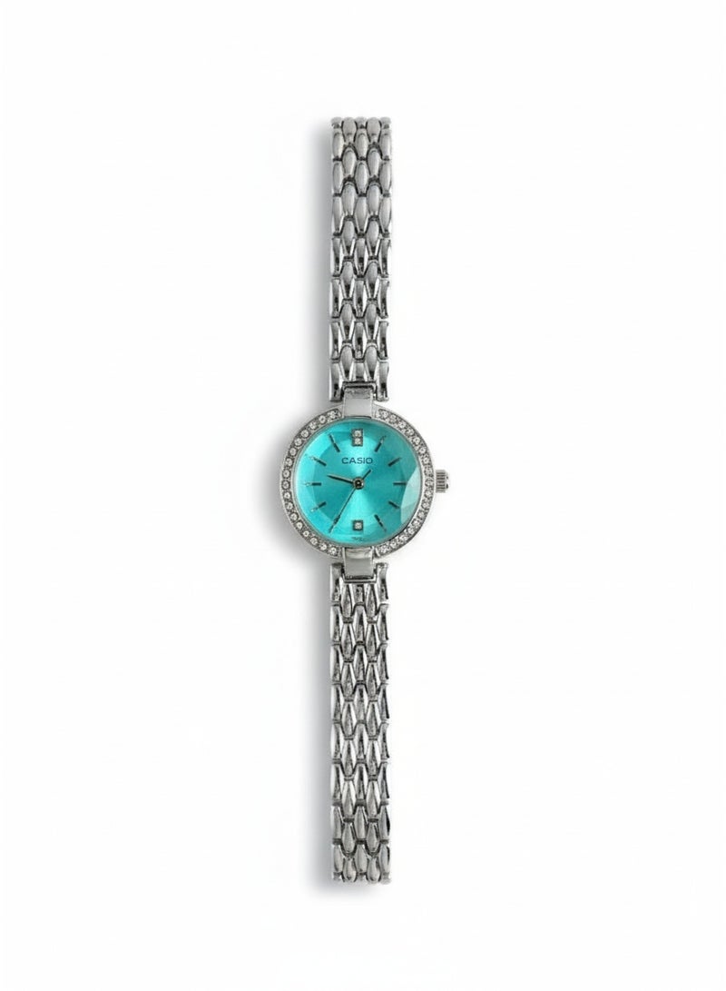 Casio Stainless Steel Turquoise Dial Crystal Bezel Quartz Watch - Image 3